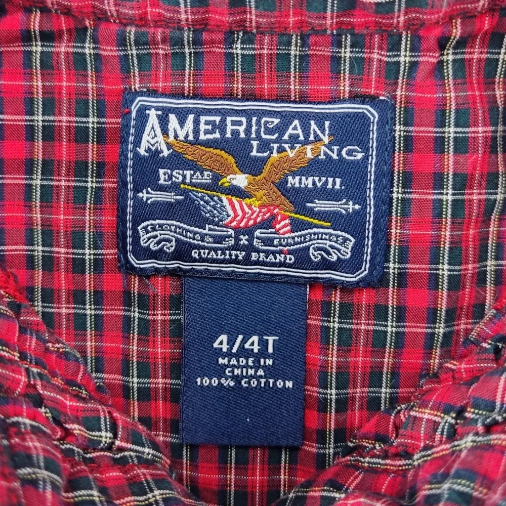 American Living Dress Girls 4T Red Plaid Ruffle Button Front Cotton Puff Sleeve